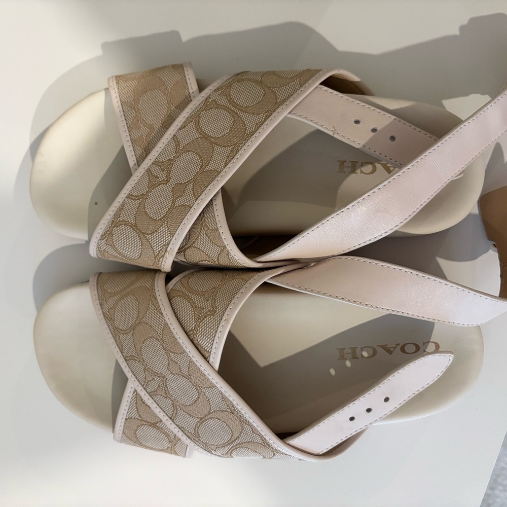 Coach Tan Leather Sandals Wide Strap Flat Sole